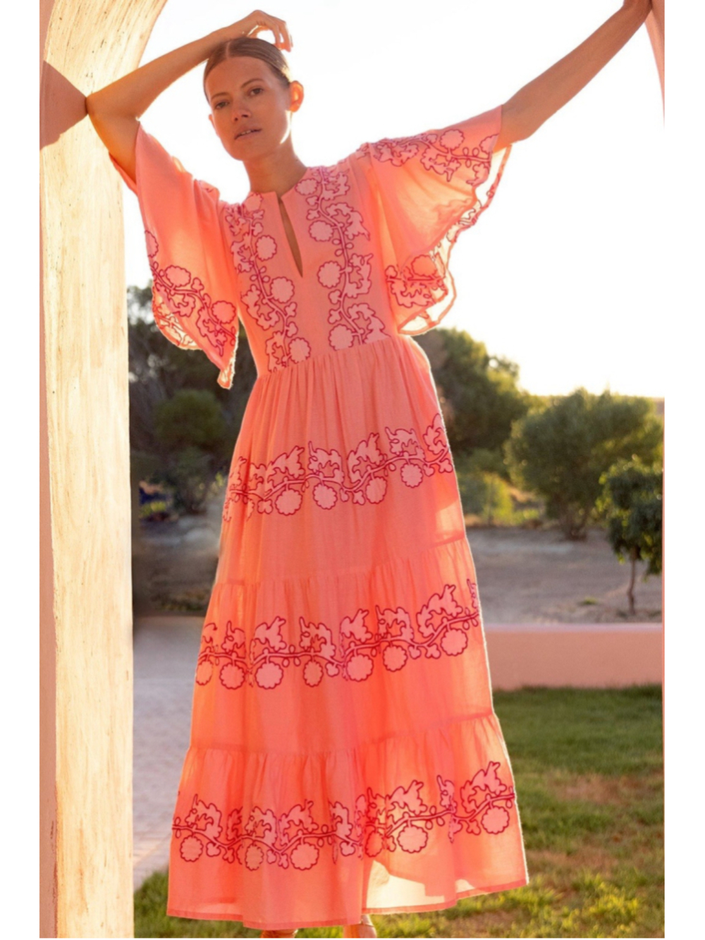 Oliphant Flirty V Neck Maxi Tiered Dress Tangier Pink Flutter Sleeve Embroidery - Picture 5 of 13